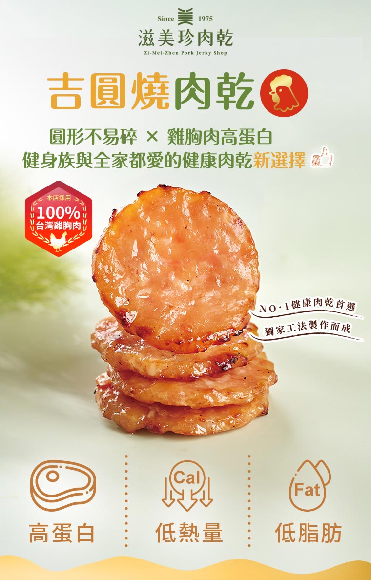 滋美珍原創吉圓燒肉乾，選用100%台灣雞胸肉，低脂高蛋白、造型可愛又香氣撲鼻，是健身族與親子族群熱愛的健康零嘴首選！